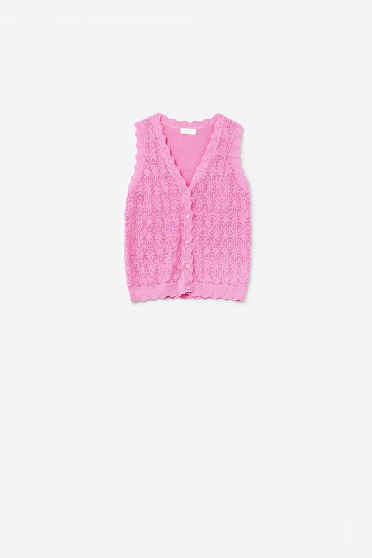 Q2 Gilet lavorato a maglia Pointelle con bordi smerlati in fucsia