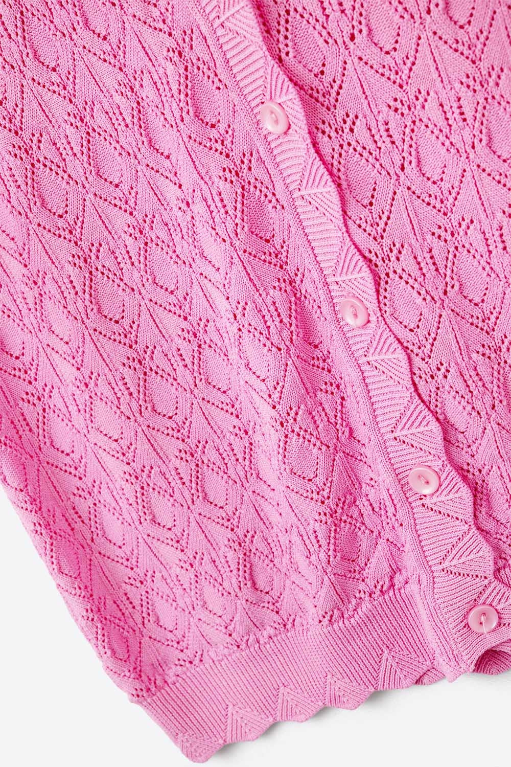 Gilet lavorato a maglia Pointelle con bordi smerlati in fucsia