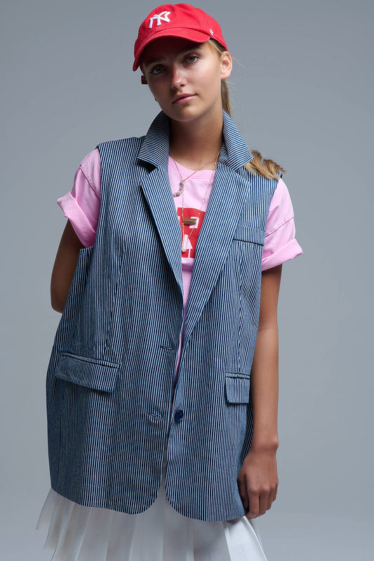 Q2 Gilet lungo a righe con collo a scialle in blu e bianco
