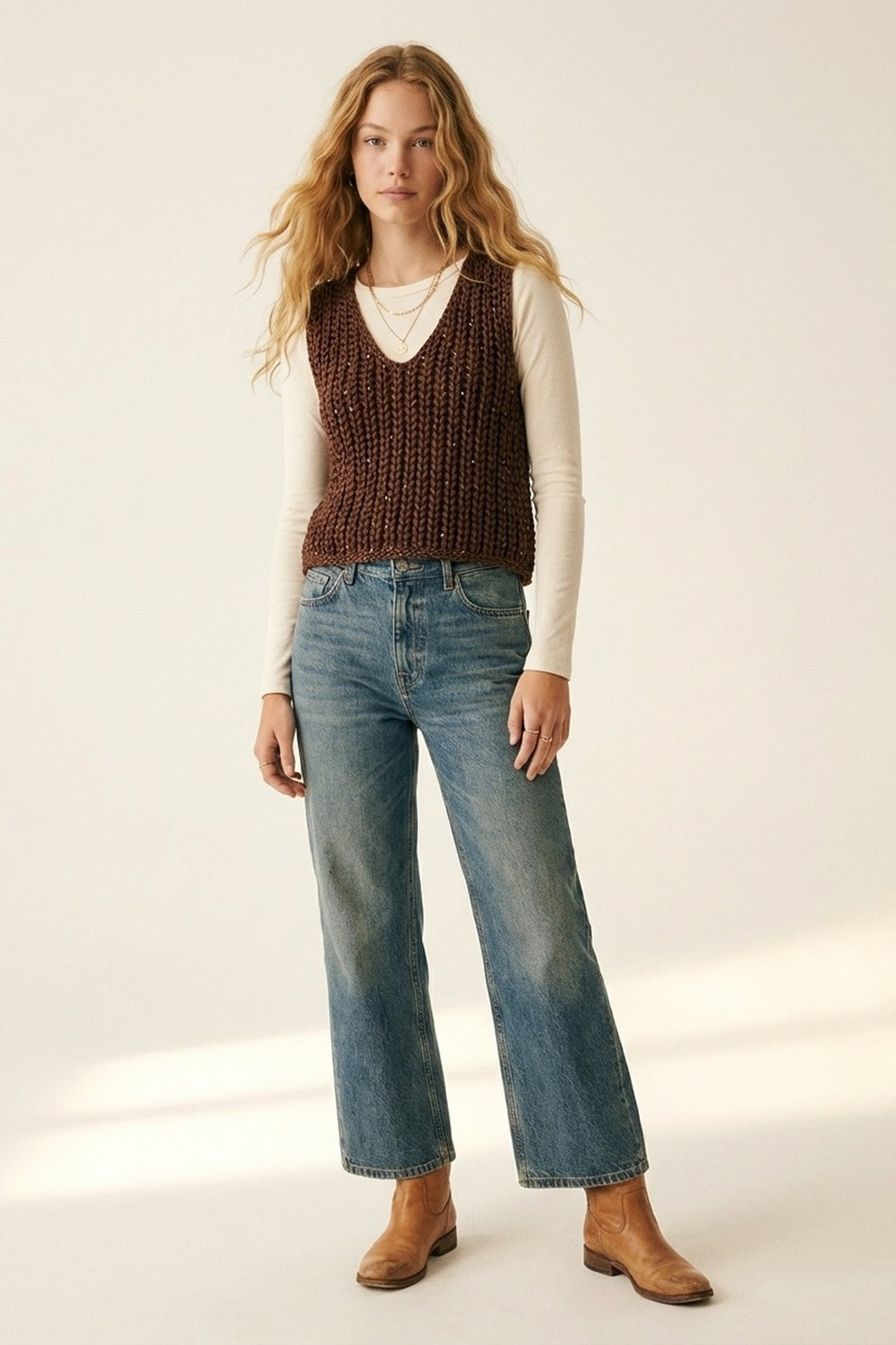 Gilet Maglione a Maglia Grossa Marrone con Scollo a V