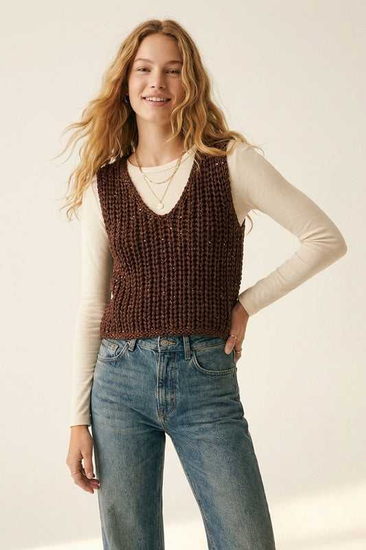 Q2 Gilet Maglione a Maglia Grossa Marrone con Scollo a V