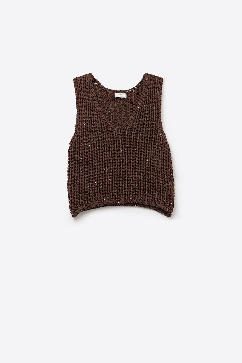 Gilet Maglione a Maglia Grossa Marrone con Scollo a V