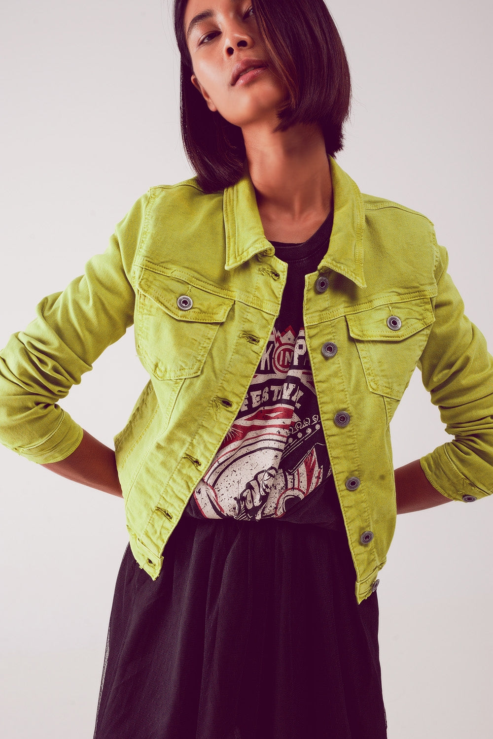 Q2 Giubbotto di jeans slim in lime