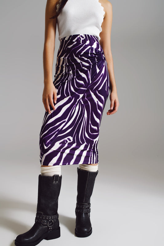 Q2 Gonna a balze con dettaglio raccoglitore sul lato stampa zebra viola e crema