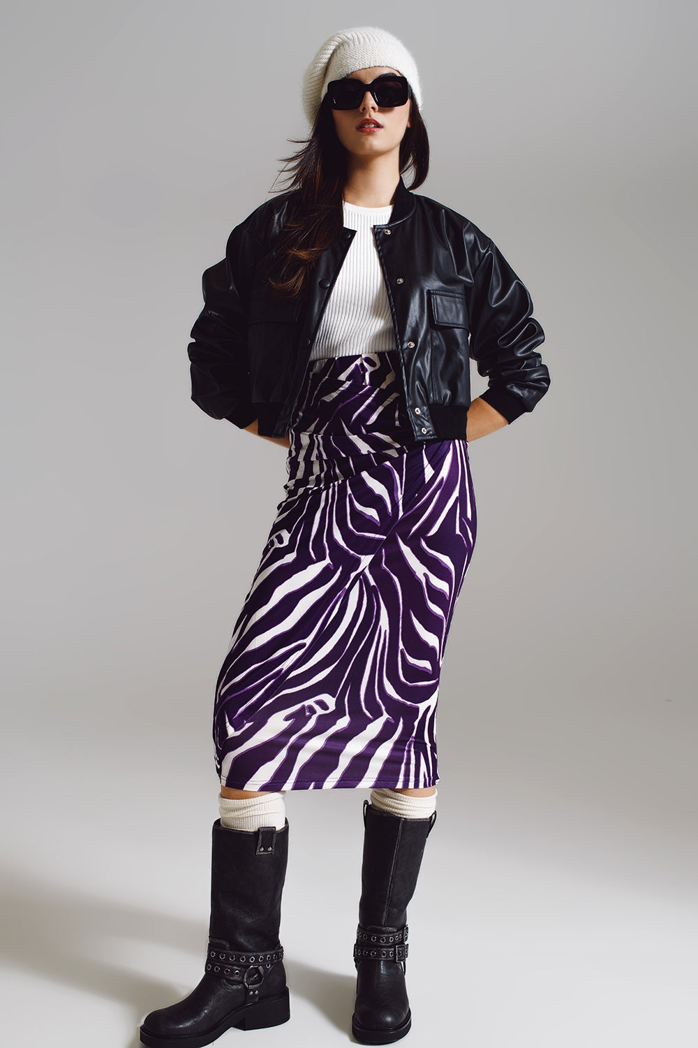 Gonna a balze con dettaglio raccoglitore sul lato stampa zebra viola e crema