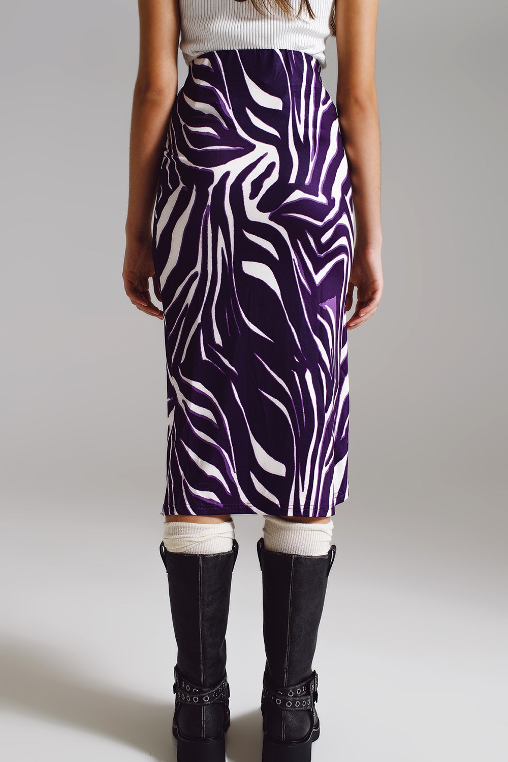 Gonna a balze con dettaglio raccoglitore sul lato stampa zebra viola e crema