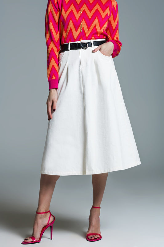 Q2 Gonna A line Midi bianca con tasche in bianco