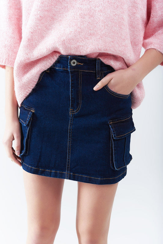 Q2 Gonna Cargo in Denim Lavaggio Scuro con Cuciture a Contrasto