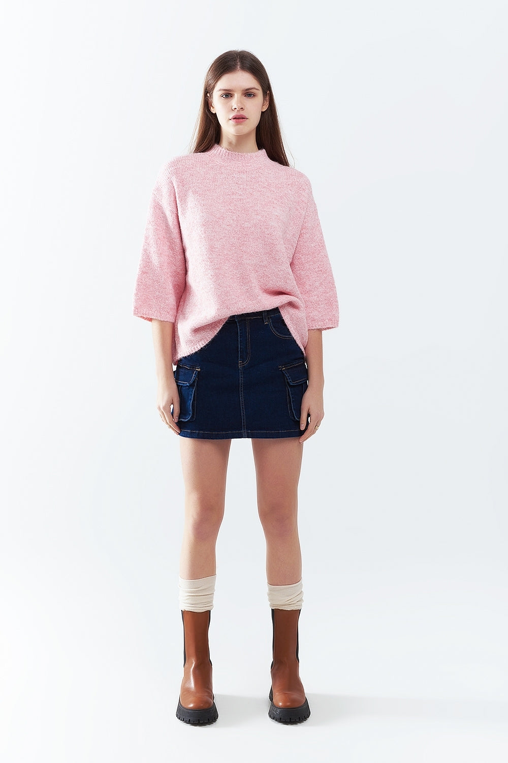 Gonna Cargo in Denim Lavaggio Scuro con Cuciture a Contrasto