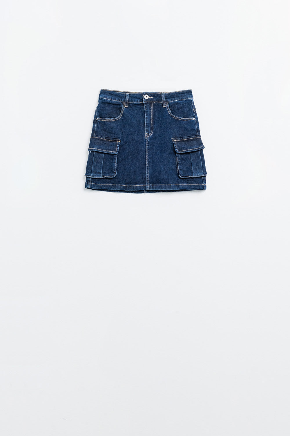 Gonna Cargo in Denim Lavaggio Scuro con Cuciture a Contrasto
