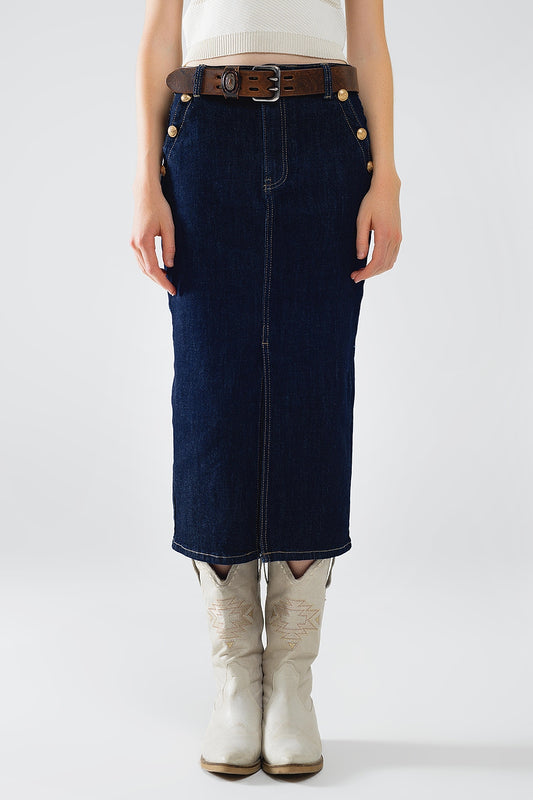 Q2 Gonna in denim con spacco frontale e bottoni dorati sui lati
