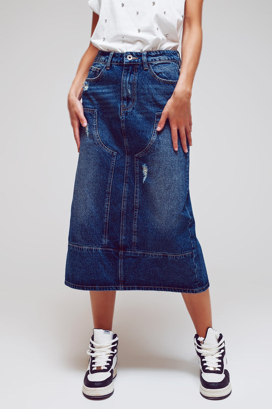 Q2 Gonna lunga a matita in denim con dettagli a pannelli nella parte anteriore