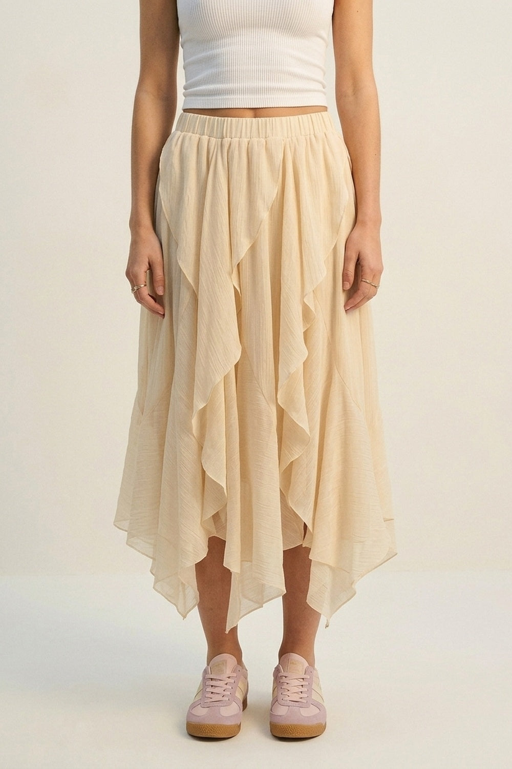 Q2 Gonna lunga asimmetrica in chiffon leggero con volant colore beige