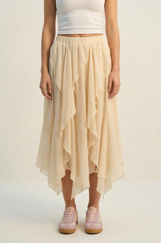 Q2 Gonna lunga asimmetrica in chiffon leggero con volant colore beige