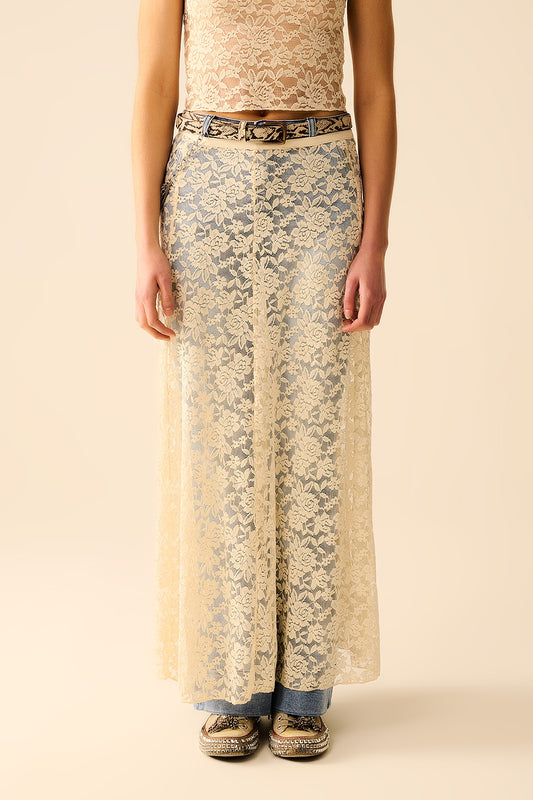 Q2 Gonna lunga beige in pizzo con design floreale