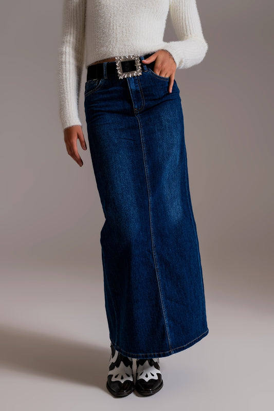 Q2 Gonna lunga in denim elasticizzato stile anni '90 in lavaggio scuro