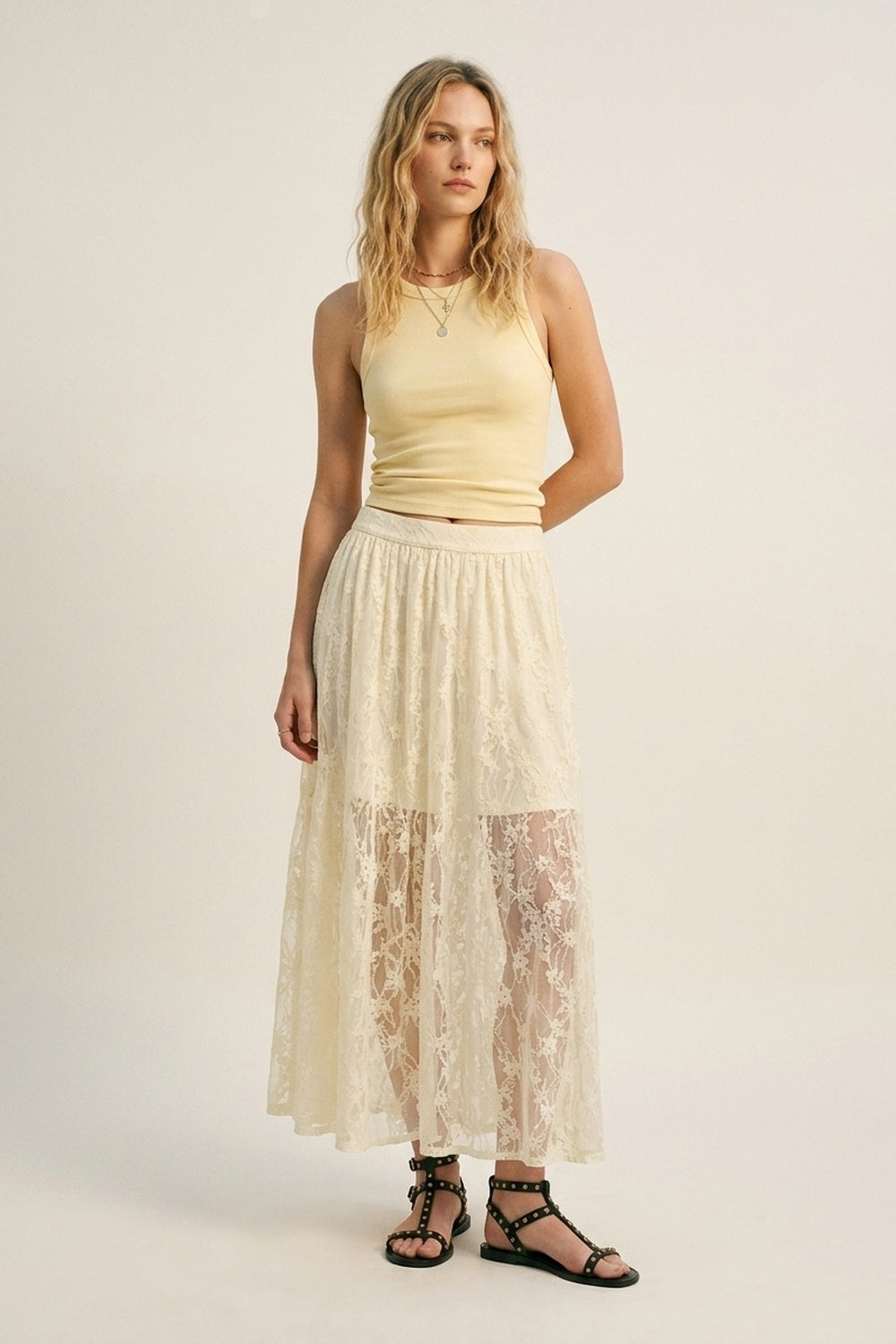 Gonna lunga in pizzo floreale crema con elastico in vita
