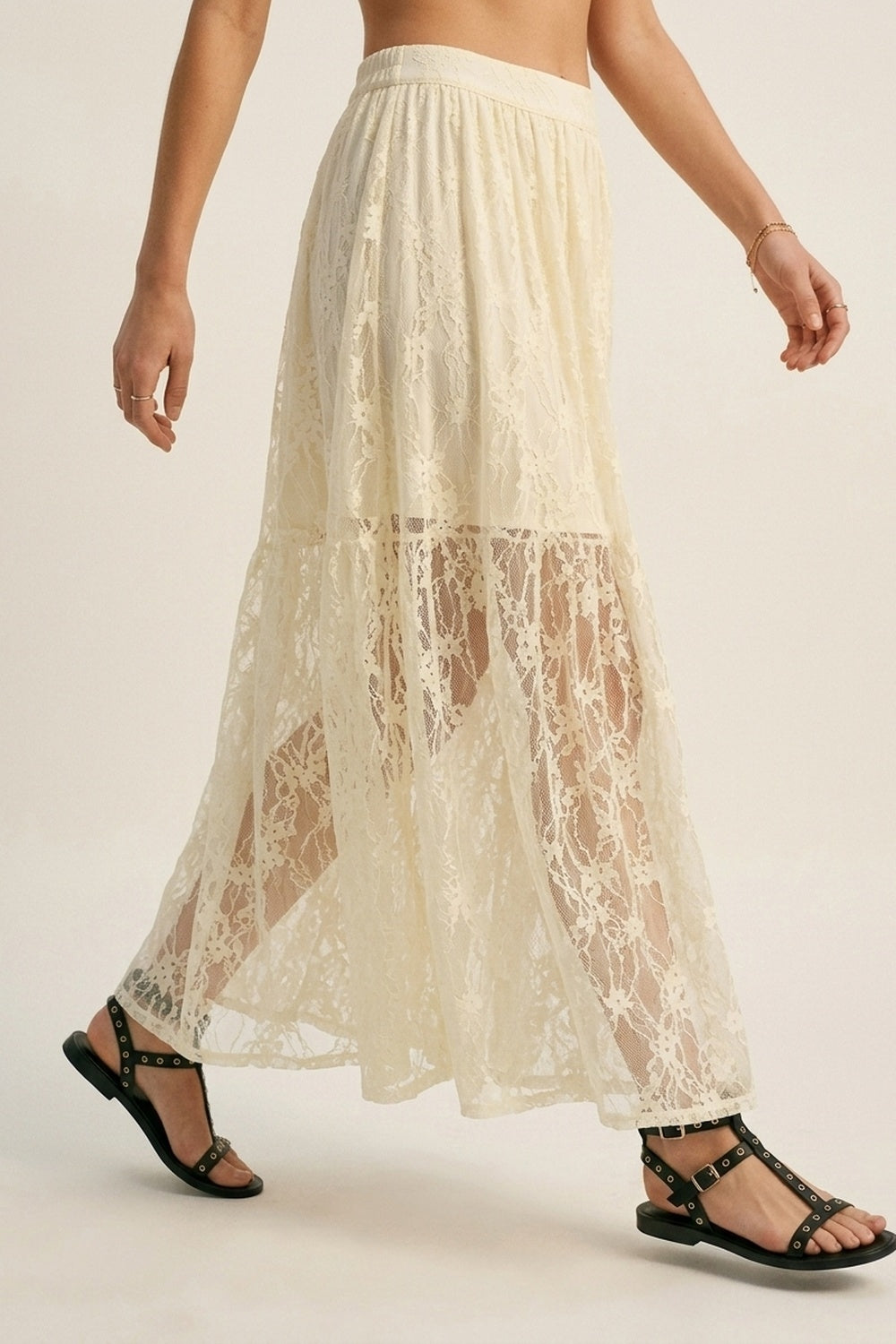 Gonna lunga in pizzo floreale crema con elastico in vita