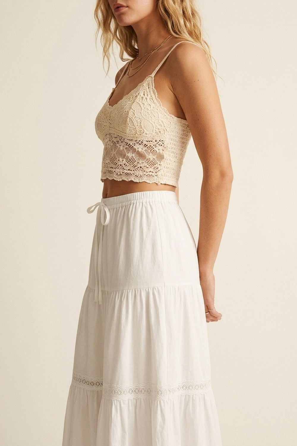Gonna maxi in popeline bianco con dettaglio in pizzo