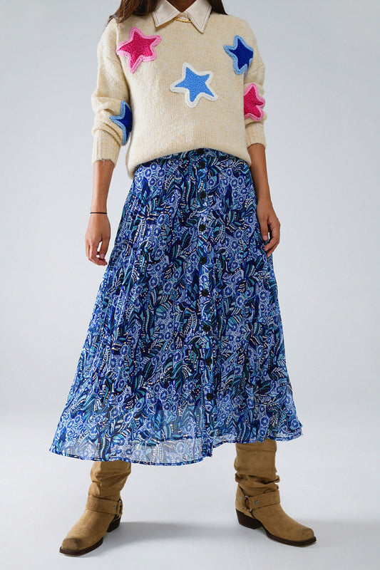 Gonna midi a pieghe con stampa astratta blu e abbottonatura