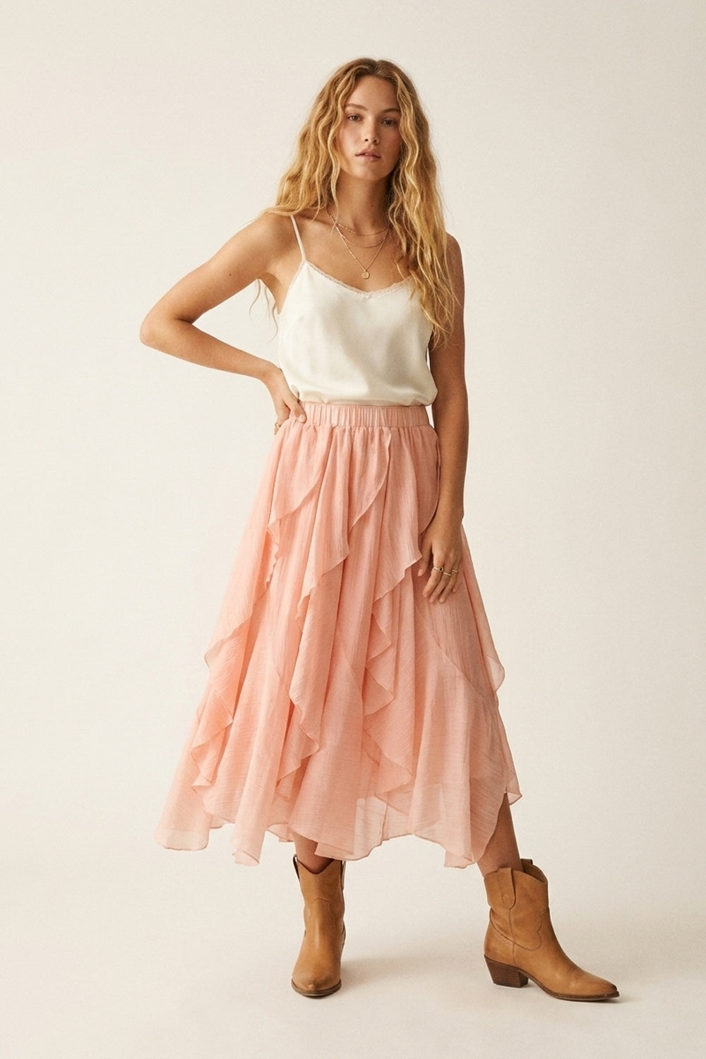 Gonna midi asimmetrica con volant in tessuto leggero rosa