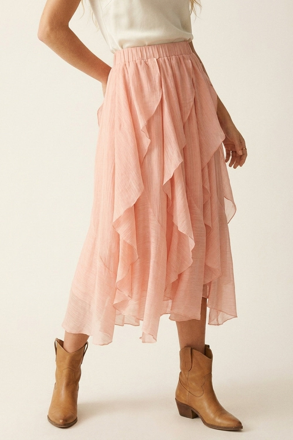 Gonna midi asimmetrica con volant in tessuto leggero rosa