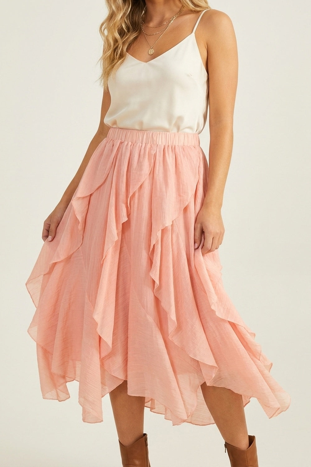 Gonna midi asimmetrica con volant in tessuto leggero rosa