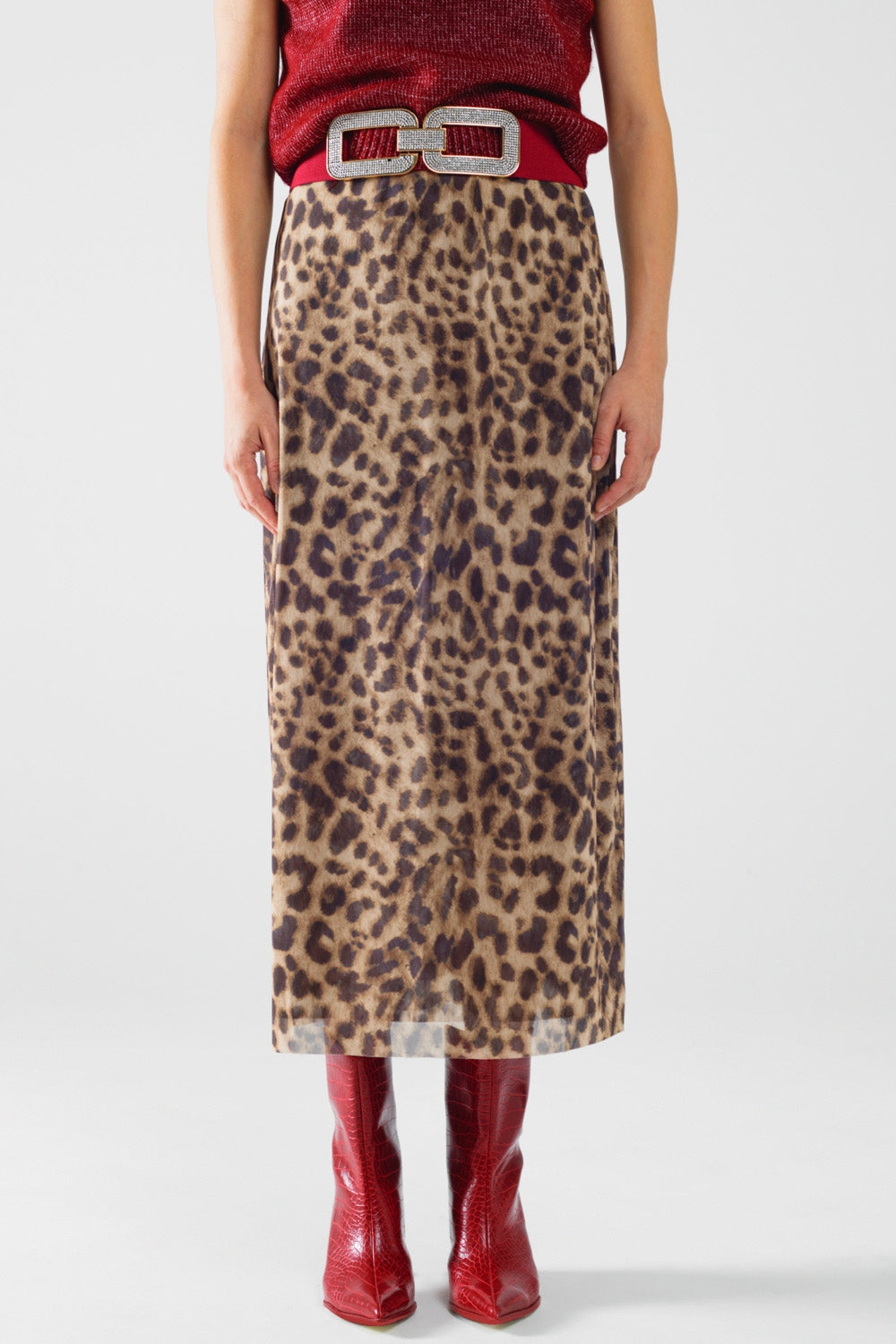 Q2 gonna midi bodycon lunga e trasparente con stampa leopardata