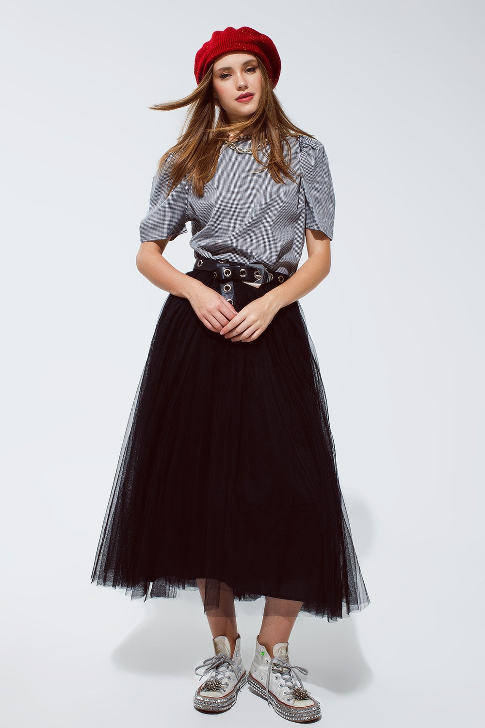 Gonna midi di tulle nero con vita elasticizzata