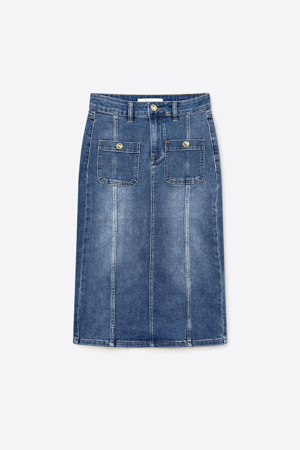 Gonna midi in denim a lavaggio medio con tasche applicate frontali