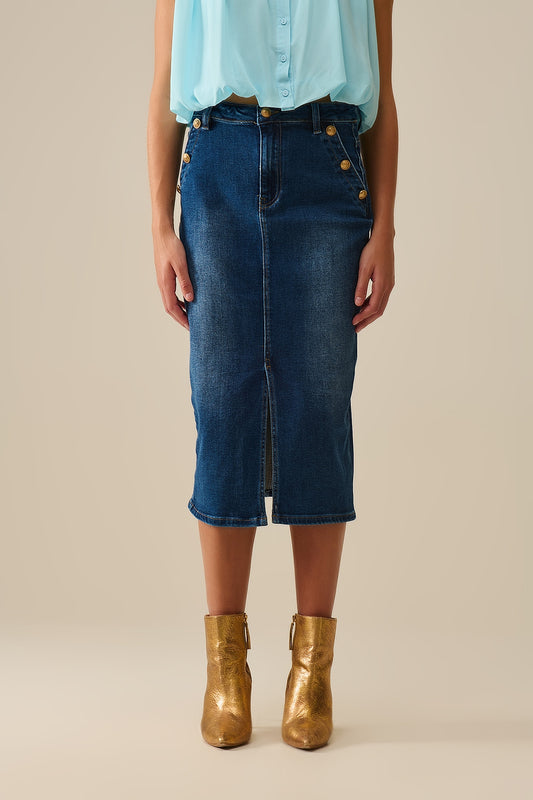 Q2 Gonna midi in denim stretch con dettagli in bottoni dorati