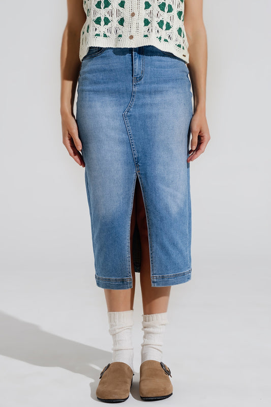 Q2 Gonna midi in denim stretch con spacco sul davanti