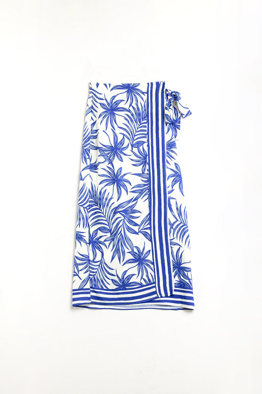 Q2 Gonna midi in tessuto leggero con motivi tropicali in blu e bianco