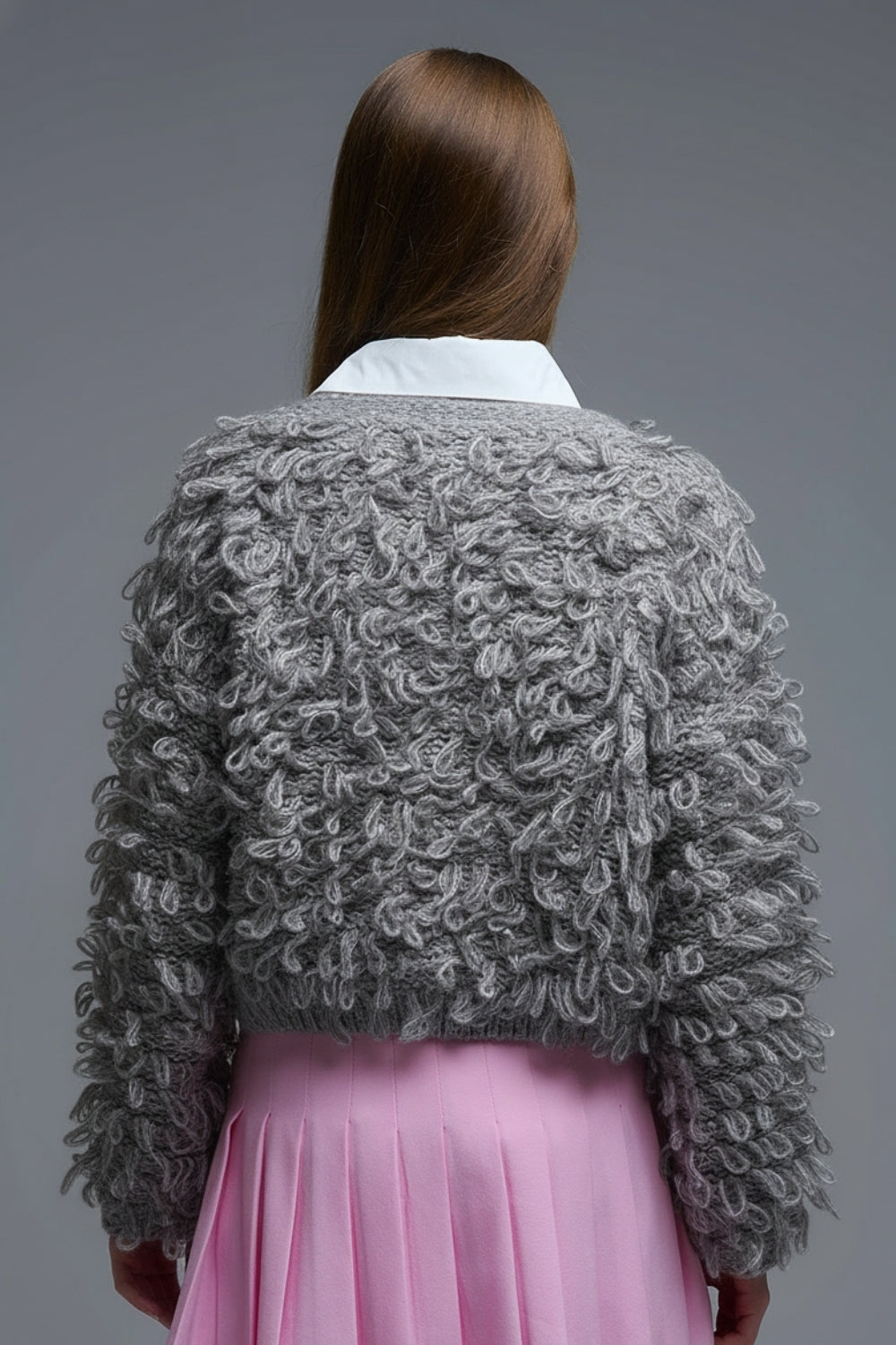 Grigio Cardigan cropped in maglia grossa con scollo a V e chiusura anteriore a cravatta