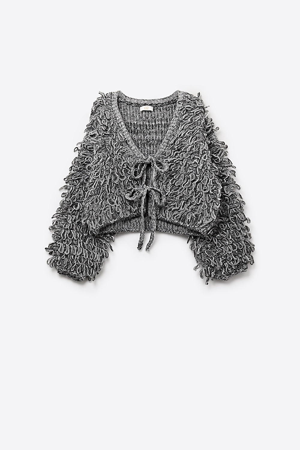 Grigio Cardigan cropped in maglia grossa con scollo a V e chiusura anteriore a cravatta