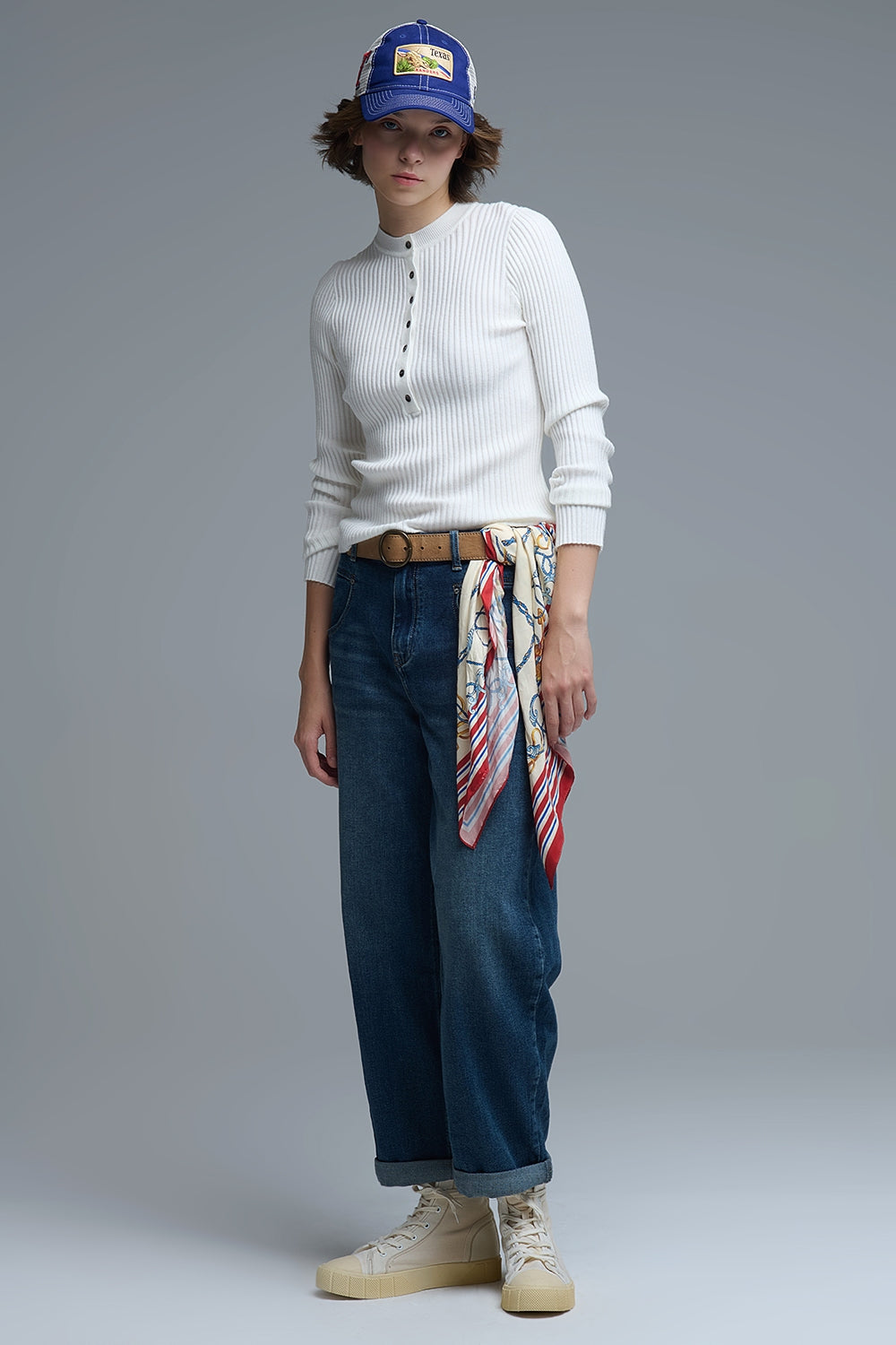 henley Maglione a maniche lunghe a coste in bianco