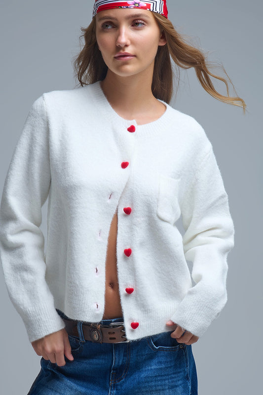 Q2 Incantevole cardigan bianco con bottoni a cuore