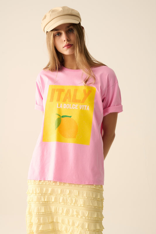 Q2 Italia La Dolce Vita T-shirt rosa baby con stampa grafica