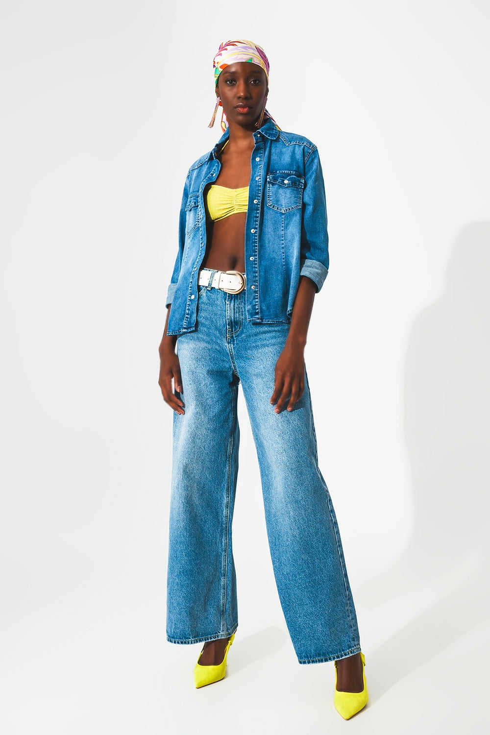 Jeans a fondo ampio in cotone blu