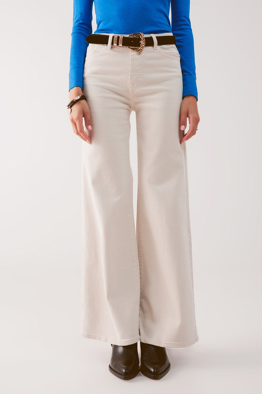 Q2 Jeans a fondo ampio in misto cotone beige