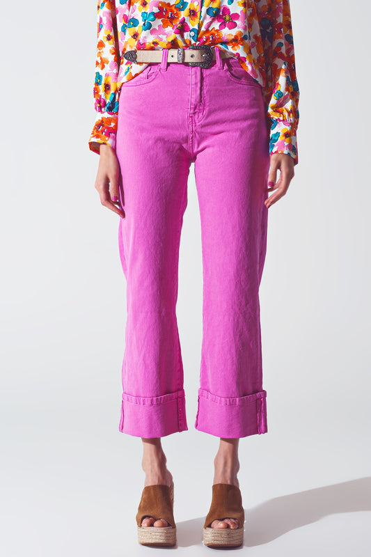 Q2 Jeans a gamba dritta con orlo tagliato in fucsia