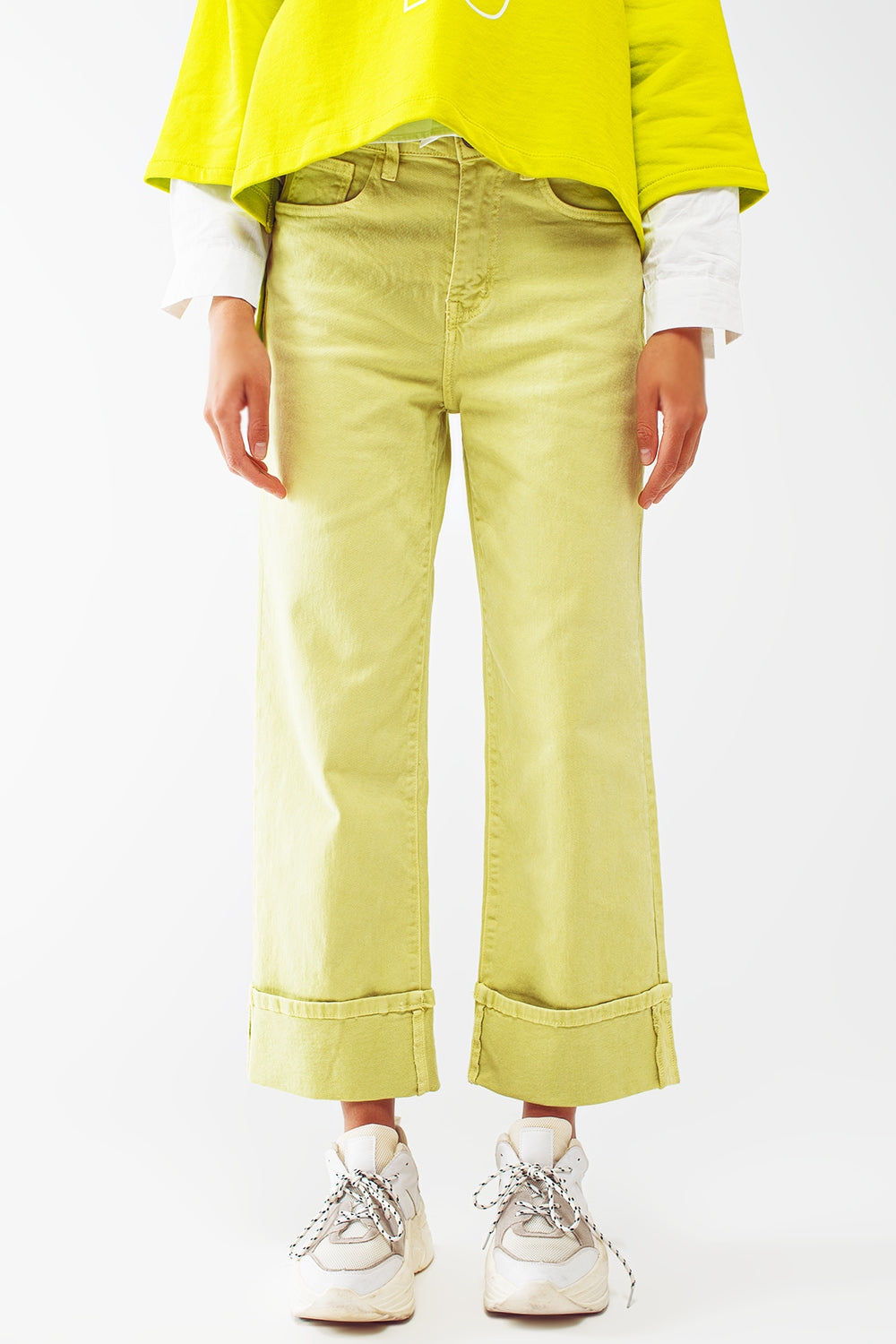 Q2 Jeans a gamba dritta con orlo tagliato in verde lime