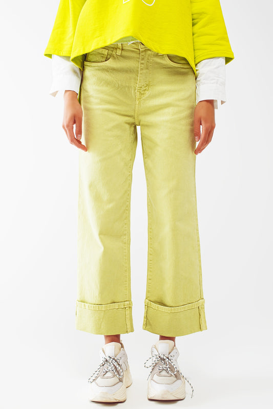 Q2 Jeans a gamba dritta con orlo tagliato in verde lime