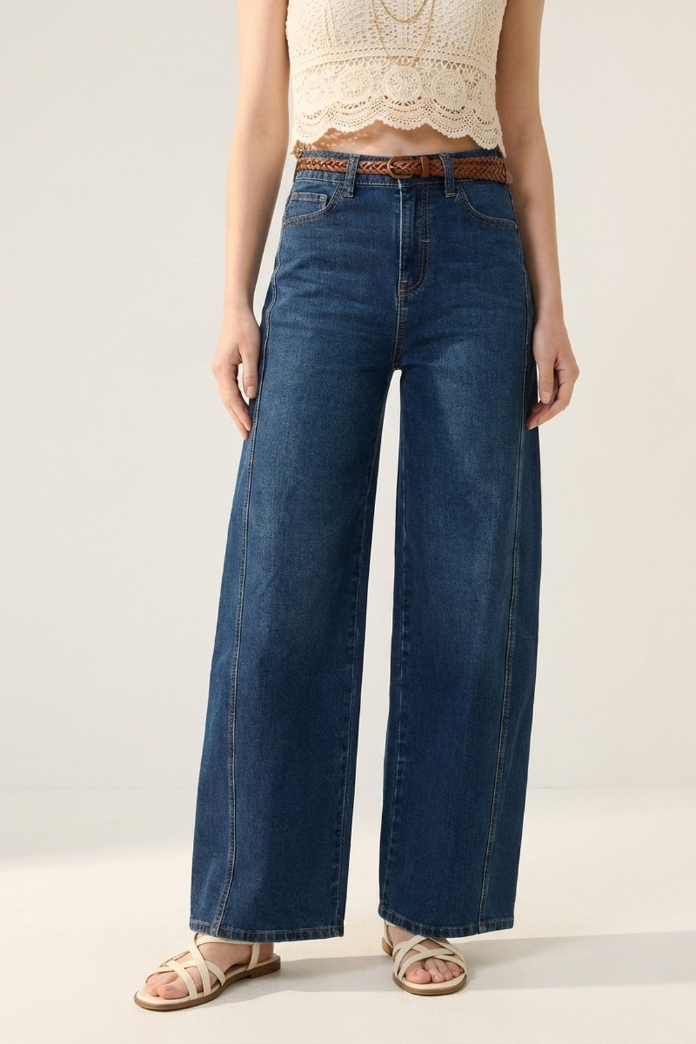 Q2 Jeans a Gamba Larga in Denim Blu Classico con Cucitura