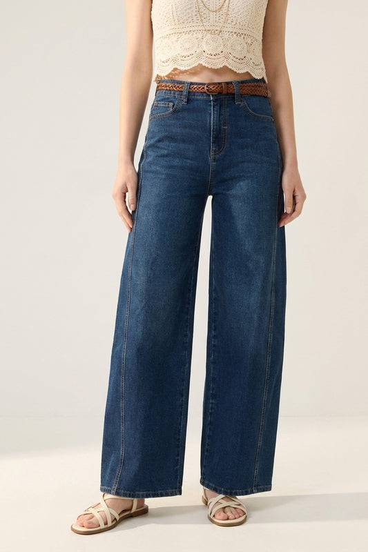 Q2 Jeans a Gamba Larga in Denim Blu Classico con Cucitura