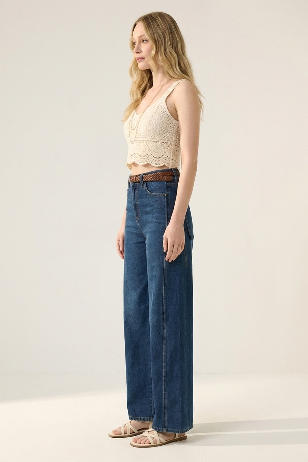 Jeans a Gamba Larga in Denim Blu Classico con Cucitura