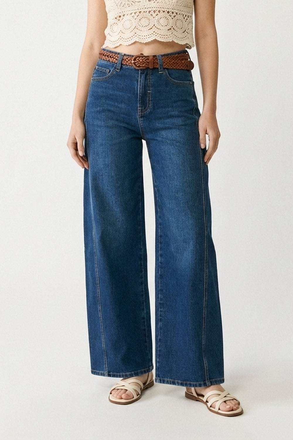 Jeans a Gamba Larga in Denim Blu Classico con Cucitura