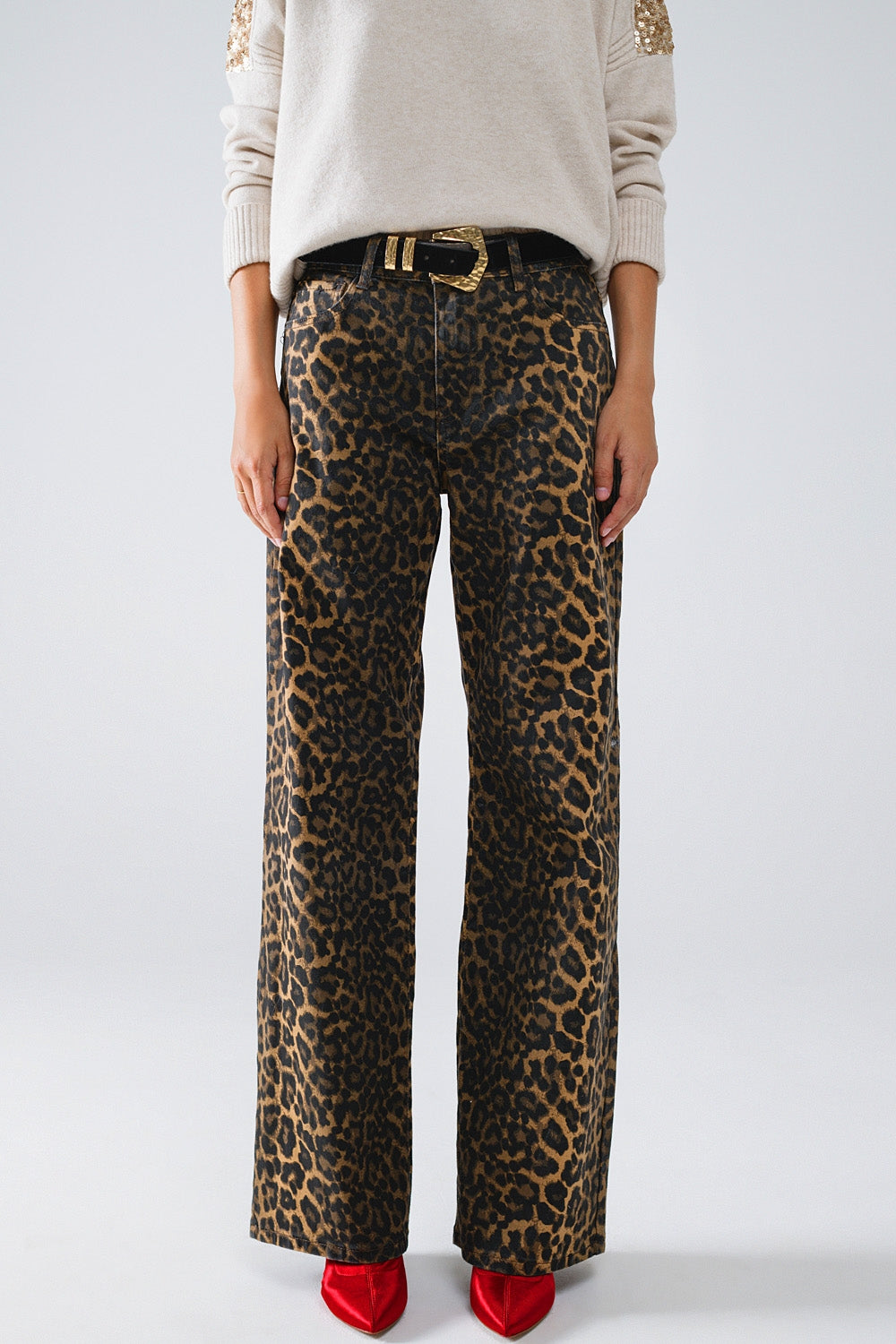 Q2 Jeans a gamba tesa con stampa leopardo
