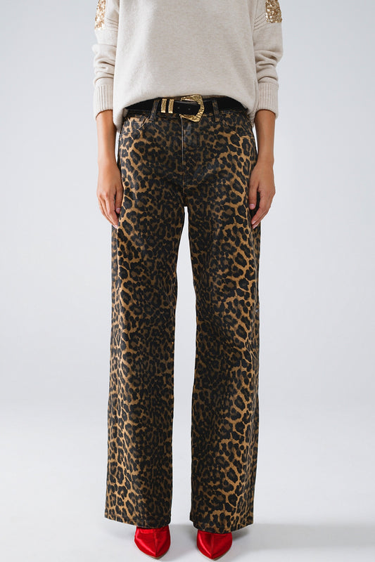 Q2 Jeans a gamba tesa con stampa leopardo