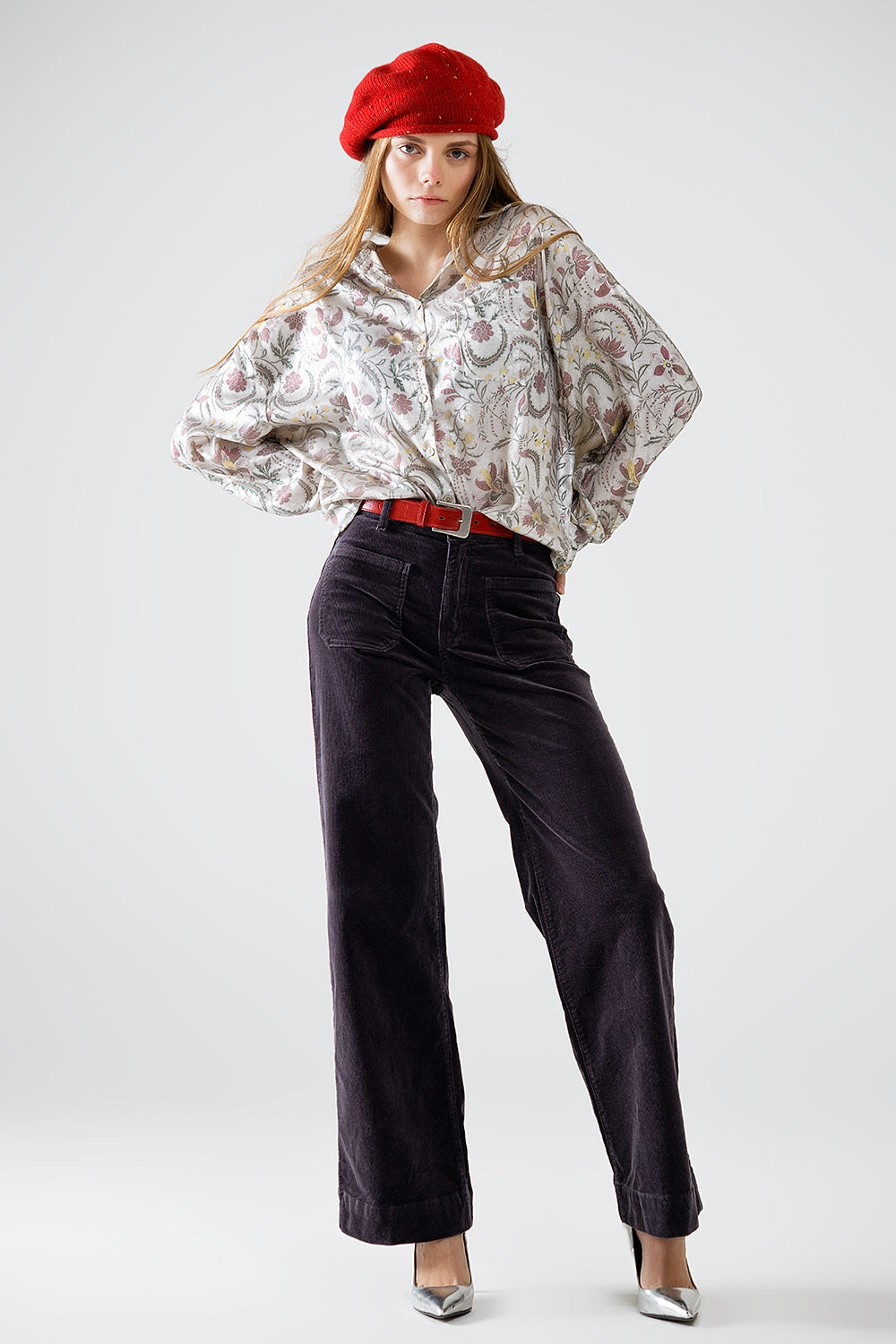 Jeans a gamba tesa in velluto a coste grigio scuro con tasche